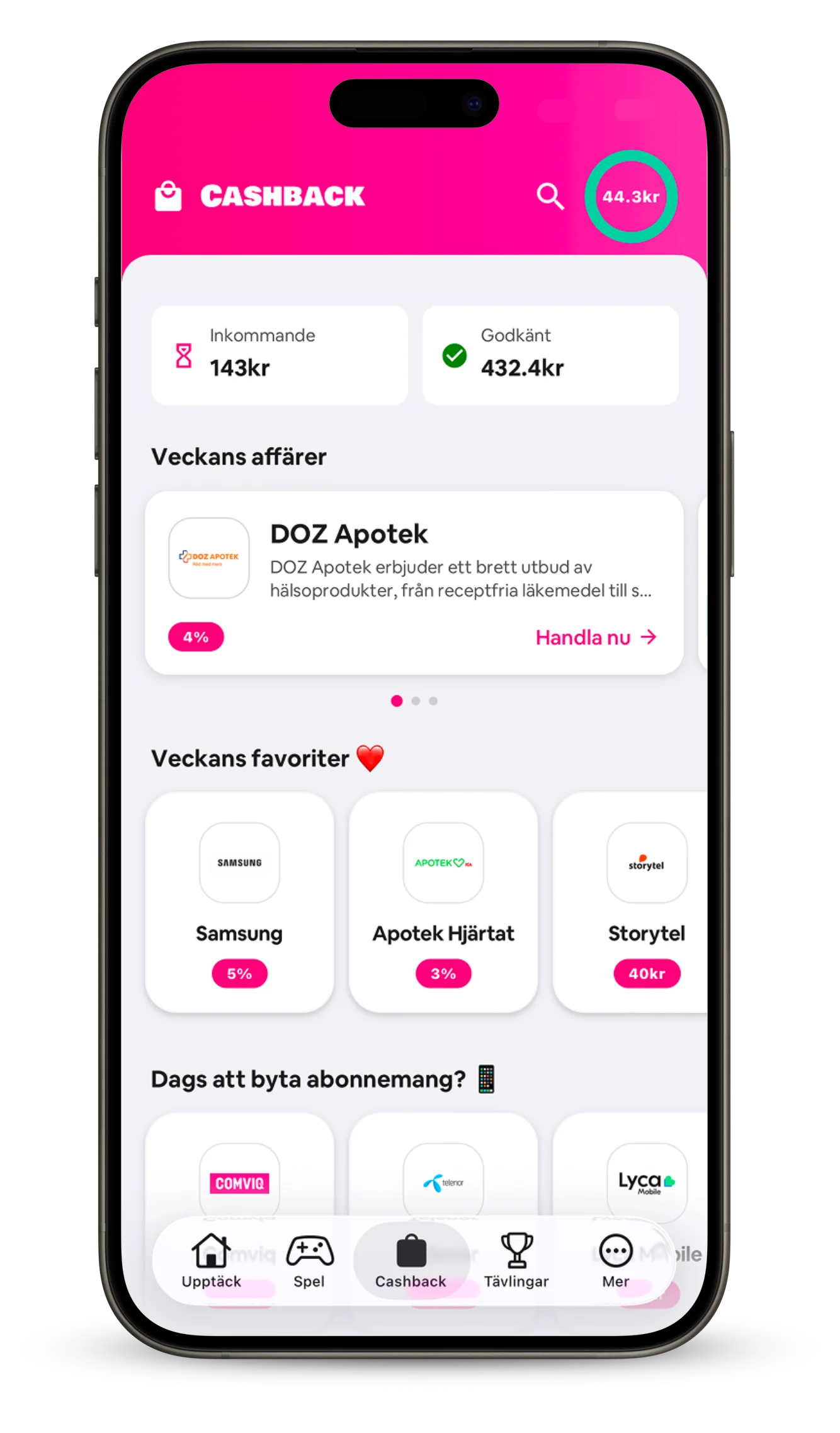 Cashback-skærmen i Rewly-appen
